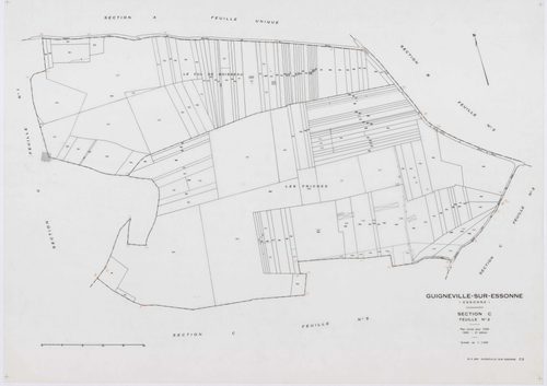 GUIGNEVILLE-SUR-ESSONNE, plans minutes de conservation : tableau d'assemblage, 1934, Ech. 1/10000 ; plans des sections A, B3, 1934, Ech. 1/2500, sections C1, C2, C3, C4, C5, C6, 1934, Ech. 1/1250, section ZA, 1956, Ech. 1/2000, sections ZB, ZC, 1974, Ech.