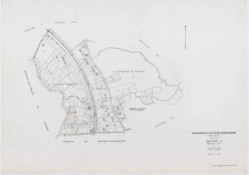GUIGNEVILLE-SUR-ESSONNE, plans minutes de conservation : tableau d'assemblage, 1934, Ech. 1/10000 ; plans des sections A, B3, 1934, Ech. 1/2500, sections C1, C2, C3, C4, C5, C6, 1934, Ech. 1/1250, section ZA, 1956, Ech. 1/2000, sections ZB, ZC, 1974, Ech.