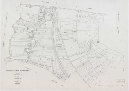 GUIGNEVILLE-SUR-ESSONNE, plans minutes de conservation : tableau d'assemblage, 1934, Ech. 1/10000 ; plans des sections A, B3, 1934, Ech. 1/2500, sections C1, C2, C3, C4, C5, C6, 1934, Ech. 1/1250, section ZA, 1956, Ech. 1/2000, sections ZB, ZC, 1974, Ech.