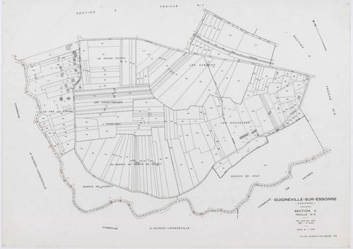 GUIGNEVILLE-SUR-ESSONNE, plans minutes de conservation : tableau d'assemblage, 1934, Ech. 1/10000 ; plans des sections A, B3, 1934, Ech. 1/2500, sections C1, C2, C3, C4, C5, C6, 1934, Ech. 1/1250, section ZA, 1956, Ech. 1/2000, sections ZB, ZC, 1974, Ech.