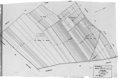 GUIGNEVILLE.- Cadastre révisé pour 1934 : plan du tableau d'assemblage, plans de la section A le Village, section B les Bois de Guigneville 1ère feuille, idem 2ème feuille, idem 3ème feuille ; cadastre révisé pour 1934 mis à jour pour 1956 : plan de la se