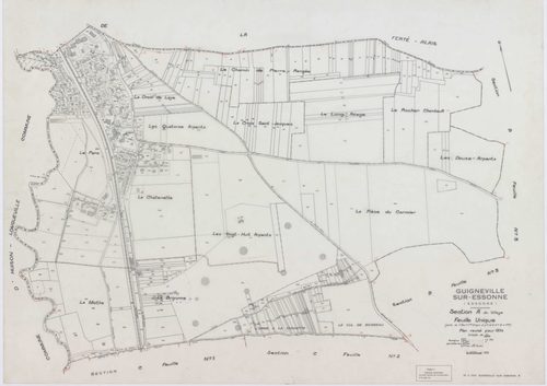 GUIGNEVILLE-SUR-ESSONNE, plans minutes de conservation : tableau d'assemblage, 1934, Ech. 1/10000 ; plans des sections A, B3, 1934, Ech. 1/2500, sections C1, C2, C3, C4, C5, C6, 1934, Ech. 1/1250, section ZA, 1956, Ech. 1/2000, sections ZB, ZC, 1974, Ech.