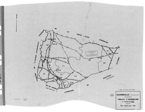 GUIGNEVILLE.- Cadastre révisé pour 1934 : plan du tableau d'assemblage, plans de la section A le Village, section B les Bois de Guigneville 1ère feuille, idem 2ème feuille, idem 3ème feuille ; cadastre révisé pour 1934 mis à jour pour 1956 : plan de la se