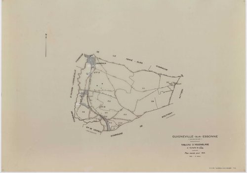 GUIGNEVILLE-SUR-ESSONNE, plans minutes de conservation : tableau d'assemblage, 1934, Ech. 1/10000 ; plans des sections A, B3, 1934, Ech. 1/2500, sections C1, C2, C3, C4, C5, C6, 1934, Ech. 1/1250, section ZA, 1956, Ech. 1/2000, sections ZB, ZC, 1974, Ech.