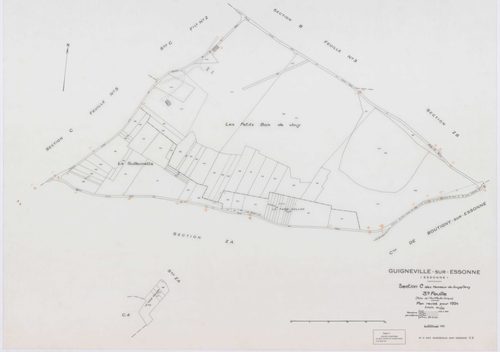 GUIGNEVILLE-SUR-ESSONNE, plans minutes de conservation : tableau d'assemblage, 1934, Ech. 1/10000 ; plans des sections A, B3, 1934, Ech. 1/2500, sections C1, C2, C3, C4, C5, C6, 1934, Ech. 1/1250, section ZA, 1956, Ech. 1/2000, sections ZB, ZC, 1974, Ech.