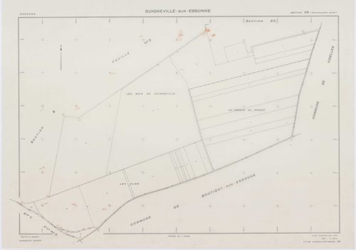 GUIGNEVILLE-SUR-ESSONNE, plans minutes de conservation : tableau d'assemblage, 1934, Ech. 1/10000 ; plans des sections A, B3, 1934, Ech. 1/2500, sections C1, C2, C3, C4, C5, C6, 1934, Ech. 1/1250, section ZA, 1956, Ech. 1/2000, sections ZB, ZC, 1974, Ech.