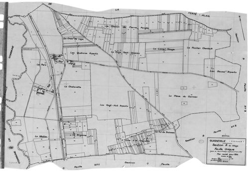 GUIGNEVILLE.- Cadastre révisé pour 1934 : plan du tableau d'assemblage, plans de la section A le Village, section B les Bois de Guigneville 1ère feuille, idem 2ème feuille, idem 3ème feuille ; cadastre révisé pour 1934 mis à jour pour 1956 : plan de la se