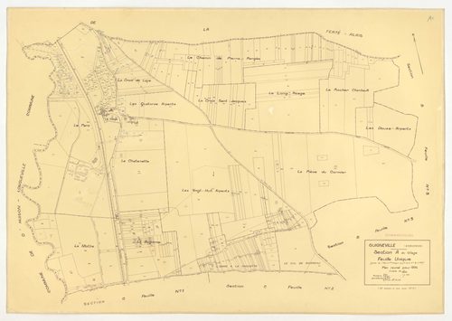 Plans minutes de conservation : GUIGNEVILLE-SUR-ESSONNE : tableau d'assemblage, ech. 1/10000 (1934-1974), sections C1, C2, C4, C5, C6, ech. 1/1250 (1934) ; section A, ech. 1/2500 (1934-1973) ; sections B3, ech. 1/2500, C3, ech. 1/1250 (1934-1974) ; sectio