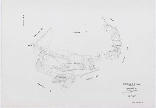 GUILLERVAL, plans minutes de conservation : tableau d'assemblage, 1957, Ech. 1/10000 ; plans des sections C, D, 1957, Ech. 1/2500, sections K, L, M, N, O, P, R, S, U, V, W, X, Y, AC, AE, 1957, Ech. 1/2000, sections AB, AD, AH, 1957, Ech. 1/1000, sections 