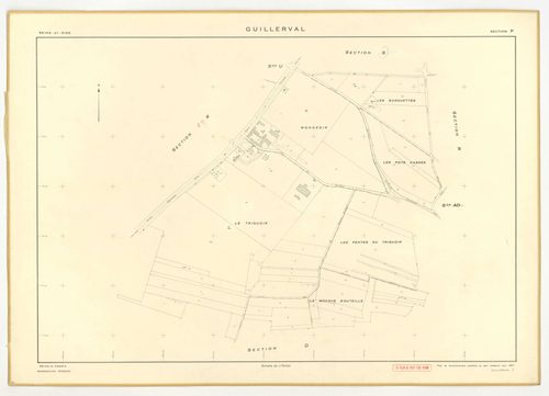Plans minutes de conservation : GUILLERVAL : tableau d'assemblage, ech. 1/10000 (1957), sections C, D, ech. 1/2500, sections G, K, L, M, N, O, P, R, S, T, U, V, W, X, Y, AC, AE, ech. 1/2000, sections AB, AD, ech. 1/1000 (1957) ; section AH, ech. 1/1000 (1