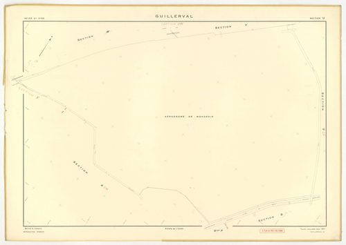 Plans minutes de conservation : GUILLERVAL : tableau d'assemblage, ech. 1/10000 (1957), sections C, D, ech. 1/2500, sections G, K, L, M, N, O, P, R, S, T, U, V, W, X, Y, AC, AE, ech. 1/2000, sections AB, AD, ech. 1/1000 (1957) ; section AH, ech. 1/1000 (1