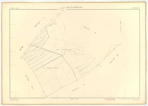 Plans minutes de conservation : GUILLERVAL : tableau d'assemblage, ech. 1/10000 (1957), sections C, D, ech. 1/2500, sections G, K, L, M, N, O, P, R, S, T, U, V, W, X, Y, AC, AE, ech. 1/2000, sections AB, AD, ech. 1/1000 (1957) ; section AH, ech. 1/1000 (1