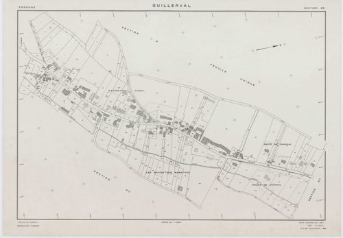 GUILLERVAL, plans minutes de conservation : tableau d'assemblage, 1957, Ech. 1/10000 ; plans des sections C, D, 1957, Ech. 1/2500, sections K, L, M, N, O, P, R, S, U, V, W, X, Y, AC, AE, 1957, Ech. 1/2000, sections AB, AD, AH, 1957, Ech. 1/1000, sections 