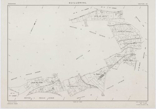 GUILLERVAL, plans minutes de conservation : tableau d'assemblage, 1957, Ech. 1/10000 ; plans des sections C, D, 1957, Ech. 1/2500, sections K, L, M, N, O, P, R, S, U, V, W, X, Y, AC, AE, 1957, Ech. 1/2000, sections AB, AD, AH, 1957, Ech. 1/1000, sections 