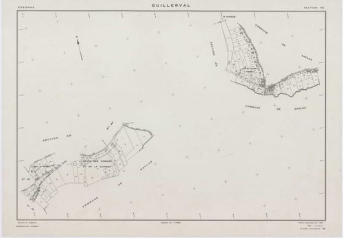 GUILLERVAL, plans minutes de conservation : tableau d'assemblage, 1957, Ech. 1/10000 ; plans des sections C, D, 1957, Ech. 1/2500, sections K, L, M, N, O, P, R, S, U, V, W, X, Y, AC, AE, 1957, Ech. 1/2000, sections AB, AD, AH, 1957, Ech. 1/1000, sections 