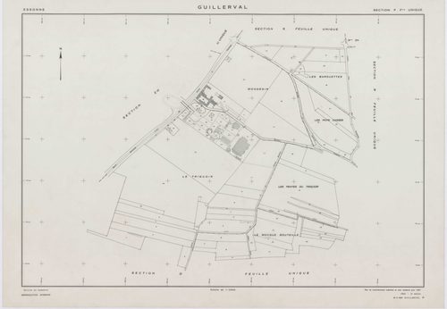 GUILLERVAL, plans minutes de conservation : tableau d'assemblage, 1957, Ech. 1/10000 ; plans des sections C, D, 1957, Ech. 1/2500, sections K, L, M, N, O, P, R, S, U, V, W, X, Y, AC, AE, 1957, Ech. 1/2000, sections AB, AD, AH, 1957, Ech. 1/1000, sections 