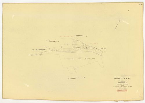 Plans minutes de conservation : GUILLERVAL : tableau d'assemblage, ech. 1/10000 (1957), sections C, D, ech. 1/2500, sections G, K, L, M, N, O, P, R, S, T, U, V, W, X, Y, AC, AE, ech. 1/2000, sections AB, AD, ech. 1/1000 (1957) ; section AH, ech. 1/1000 (1