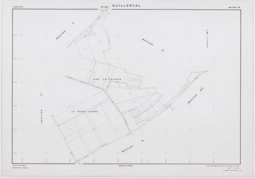 GUILLERVAL, plans minutes de conservation : tableau d'assemblage, 1957, Ech. 1/10000 ; plans des sections C, D, 1957, Ech. 1/2500, sections K, L, M, N, O, P, R, S, U, V, W, X, Y, AC, AE, 1957, Ech. 1/2000, sections AB, AD, AH, 1957, Ech. 1/1000, sections 