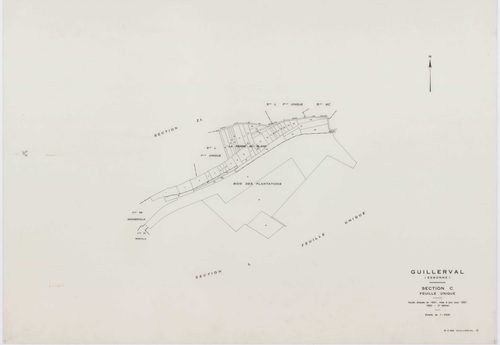 GUILLERVAL, plans minutes de conservation : tableau d'assemblage, 1957, Ech. 1/10000 ; plans des sections C, D, 1957, Ech. 1/2500, sections K, L, M, N, O, P, R, S, U, V, W, X, Y, AC, AE, 1957, Ech. 1/2000, sections AB, AD, AH, 1957, Ech. 1/1000, sections 