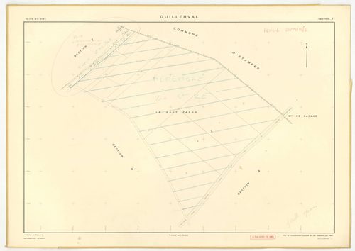 Plans minutes de conservation : GUILLERVAL : tableau d'assemblage, ech. 1/10000 (1957), sections C, D, ech. 1/2500, sections G, K, L, M, N, O, P, R, S, T, U, V, W, X, Y, AC, AE, ech. 1/2000, sections AB, AD, ech. 1/1000 (1957) ; section AH, ech. 1/1000 (1