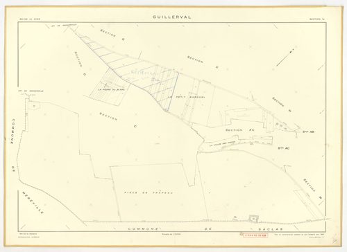 Plans minutes de conservation : GUILLERVAL : tableau d'assemblage, ech. 1/10000 (1957), sections C, D, ech. 1/2500, sections G, K, L, M, N, O, P, R, S, T, U, V, W, X, Y, AC, AE, ech. 1/2000, sections AB, AD, ech. 1/1000 (1957) ; section AH, ech. 1/1000 (1