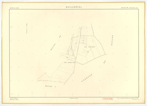 Plans minutes de conservation : GUILLERVAL : tableau d'assemblage, ech. 1/10000 (1957), sections C, D, ech. 1/2500, sections G, K, L, M, N, O, P, R, S, T, U, V, W, X, Y, AC, AE, ech. 1/2000, sections AB, AD, ech. 1/1000 (1957) ; section AH, ech. 1/1000 (1