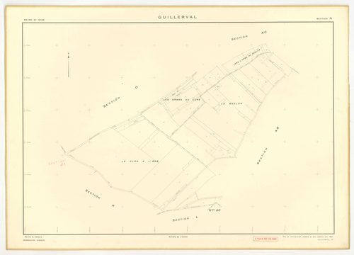 Plans minutes de conservation : GUILLERVAL : tableau d'assemblage, ech. 1/10000 (1957), sections C, D, ech. 1/2500, sections G, K, L, M, N, O, P, R, S, T, U, V, W, X, Y, AC, AE, ech. 1/2000, sections AB, AD, ech. 1/1000 (1957) ; section AH, ech. 1/1000 (1