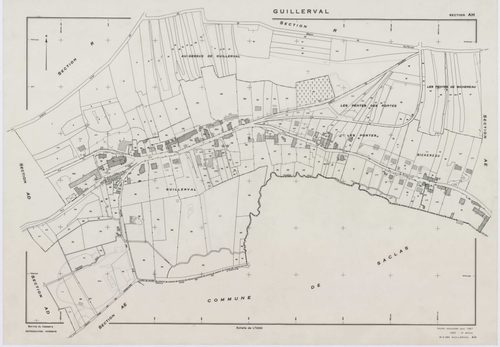 GUILLERVAL, plans minutes de conservation : tableau d'assemblage, 1957, Ech. 1/10000 ; plans des sections C, D, 1957, Ech. 1/2500, sections K, L, M, N, O, P, R, S, U, V, W, X, Y, AC, AE, 1957, Ech. 1/2000, sections AB, AD, AH, 1957, Ech. 1/1000, sections 