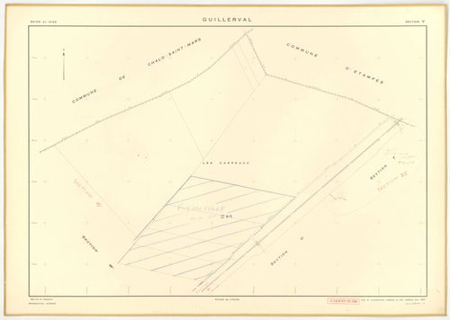 Plans minutes de conservation : GUILLERVAL : tableau d'assemblage, ech. 1/10000 (1957), sections C, D, ech. 1/2500, sections G, K, L, M, N, O, P, R, S, T, U, V, W, X, Y, AC, AE, ech. 1/2000, sections AB, AD, ech. 1/1000 (1957) ; section AH, ech. 1/1000 (1
