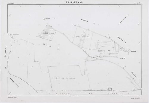 GUILLERVAL, plans minutes de conservation : tableau d'assemblage, 1957, Ech. 1/10000 ; plans des sections C, D, 1957, Ech. 1/2500, sections K, L, M, N, O, P, R, S, U, V, W, X, Y, AC, AE, 1957, Ech. 1/2000, sections AB, AD, AH, 1957, Ech. 1/1000, sections 