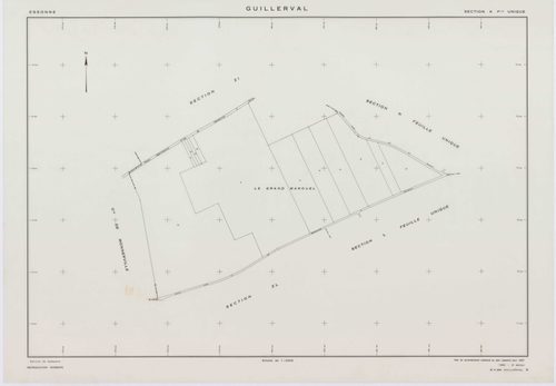GUILLERVAL, plans minutes de conservation : tableau d'assemblage, 1957, Ech. 1/10000 ; plans des sections C, D, 1957, Ech. 1/2500, sections K, L, M, N, O, P, R, S, U, V, W, X, Y, AC, AE, 1957, Ech. 1/2000, sections AB, AD, AH, 1957, Ech. 1/1000, sections 
