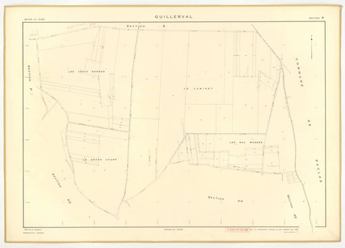 Plans minutes de conservation : GUILLERVAL : tableau d'assemblage, ech. 1/10000 (1957), sections C, D, ech. 1/2500, sections G, K, L, M, N, O, P, R, S, T, U, V, W, X, Y, AC, AE, ech. 1/2000, sections AB, AD, ech. 1/1000 (1957) ; section AH, ech. 1/1000 (1