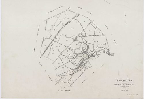 GUILLERVAL, plans minutes de conservation : tableau d'assemblage, 1957, Ech. 1/10000 ; plans des sections C, D, 1957, Ech. 1/2500, sections K, L, M, N, O, P, R, S, U, V, W, X, Y, AC, AE, 1957, Ech. 1/2000, sections AB, AD, AH, 1957, Ech. 1/1000, sections 