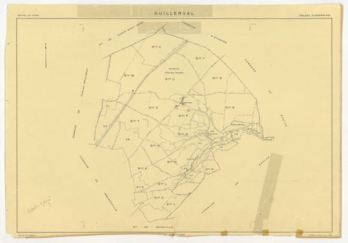 Plans minutes de conservation : GUILLERVAL : tableau d'assemblage, ech. 1/10000 (1957), sections C, D, ech. 1/2500, sections G, K, L, M, N, O, P, R, S, T, U, V, W, X, Y, AC, AE, ech. 1/2000, sections AB, AD, ech. 1/1000 (1957) ; section AH, ech. 1/1000 (1