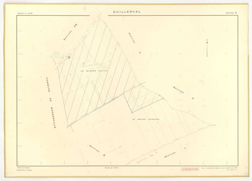 Plans minutes de conservation : GUILLERVAL : tableau d'assemblage, ech. 1/10000 (1957), sections C, D, ech. 1/2500, sections G, K, L, M, N, O, P, R, S, T, U, V, W, X, Y, AC, AE, ech. 1/2000, sections AB, AD, ech. 1/1000 (1957) ; section AH, ech. 1/1000 (1