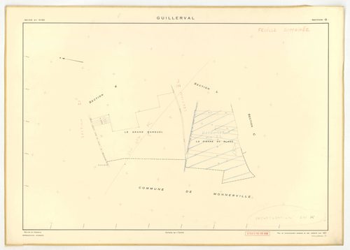 Plans minutes de conservation : GUILLERVAL : tableau d'assemblage, ech. 1/10000 (1957), sections C, D, ech. 1/2500, sections G, K, L, M, N, O, P, R, S, T, U, V, W, X, Y, AC, AE, ech. 1/2000, sections AB, AD, ech. 1/1000 (1957) ; section AH, ech. 1/1000 (1