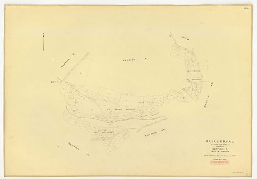 Plans minutes de conservation : GUILLERVAL : tableau d'assemblage, ech. 1/10000 (1957), sections C, D, ech. 1/2500, sections G, K, L, M, N, O, P, R, S, T, U, V, W, X, Y, AC, AE, ech. 1/2000, sections AB, AD, ech. 1/1000 (1957) ; section AH, ech. 1/1000 (1