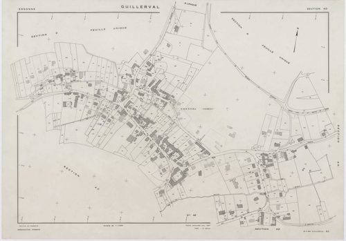 GUILLERVAL, plans minutes de conservation : tableau d'assemblage, 1957, Ech. 1/10000 ; plans des sections C, D, 1957, Ech. 1/2500, sections K, L, M, N, O, P, R, S, U, V, W, X, Y, AC, AE, 1957, Ech. 1/2000, sections AB, AD, AH, 1957, Ech. 1/1000, sections 