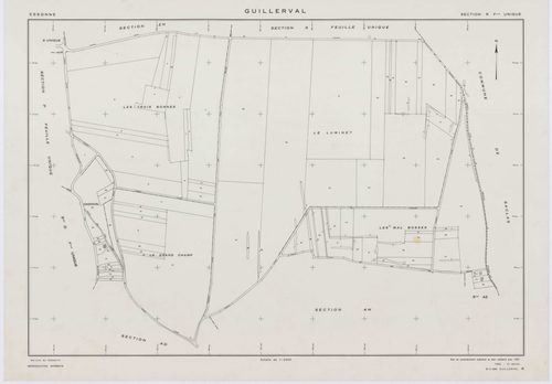 GUILLERVAL, plans minutes de conservation : tableau d'assemblage, 1957, Ech. 1/10000 ; plans des sections C, D, 1957, Ech. 1/2500, sections K, L, M, N, O, P, R, S, U, V, W, X, Y, AC, AE, 1957, Ech. 1/2000, sections AB, AD, AH, 1957, Ech. 1/1000, sections 