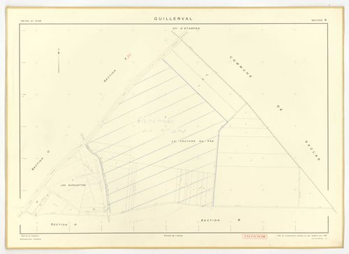 Plans minutes de conservation : GUILLERVAL : tableau d'assemblage, ech. 1/10000 (1957), sections C, D, ech. 1/2500, sections G, K, L, M, N, O, P, R, S, T, U, V, W, X, Y, AC, AE, ech. 1/2000, sections AB, AD, ech. 1/1000 (1957) ; section AH, ech. 1/1000 (1