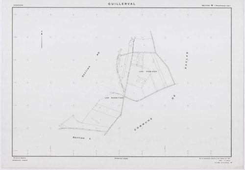 GUILLERVAL, plans minutes de conservation : tableau d'assemblage, 1957, Ech. 1/10000 ; plans des sections C, D, 1957, Ech. 1/2500, sections K, L, M, N, O, P, R, S, U, V, W, X, Y, AC, AE, 1957, Ech. 1/2000, sections AB, AD, AH, 1957, Ech. 1/1000, sections 