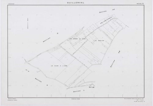 GUILLERVAL, plans minutes de conservation : tableau d'assemblage, 1957, Ech. 1/10000 ; plans des sections C, D, 1957, Ech. 1/2500, sections K, L, M, N, O, P, R, S, U, V, W, X, Y, AC, AE, 1957, Ech. 1/2000, sections AB, AD, AH, 1957, Ech. 1/1000, sections 
