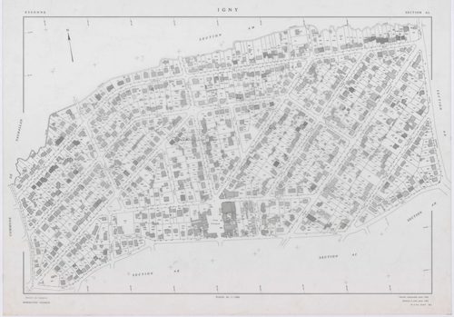 IGNY, plans minutes de conservation : tableau d'assemblage,1962, Ech. 1/5000 ; plans des sections AB, AC, AD, AE, AH, AI, AK, AL, 1962, Ech. 1/1000, section AM, 1962, Ech. 1/2000, sections AN, 1985, Ech. 1/1000, section AO, 2002, Ech. 1/500. Polyester. N 