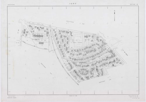 IGNY, plans minutes de conservation : tableau d'assemblage,1962, Ech. 1/5000 ; plans des sections AB, AC, AD, AE, AH, AI, AK, AL, 1962, Ech. 1/1000, section AM, 1962, Ech. 1/2000, sections AN, 1985, Ech. 1/1000, section AO, 2002, Ech. 1/500. Polyester. N 
