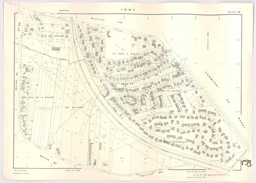 IGNY. - Cadastré révisé pour 1962, à jour pour 1976 (2ème édition) : plan du tableau d'assemblage ; feuille renouvelée pour 1962, à jour pour 1982 (3ème édition) : plans des sections AB, AC, AD, AE, AH, AI, AK, AL et AM. [10 plans]. 