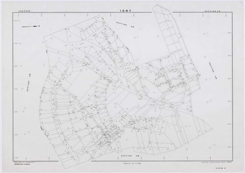 IGNY, plans minutes de conservation : tableau d'assemblage,1962, Ech. 1/5000 ; plans des sections AB, AC, AD, AE, AH, AI, AK, AL, 1962, Ech. 1/1000, section AM, 1962, Ech. 1/2000, sections AN, 1985, Ech. 1/1000, section AO, 2002, Ech. 1/500. Polyester. N 