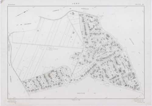 IGNY, plans minutes de conservation : tableau d'assemblage,1962, Ech. 1/5000 ; plans des sections AB, AC, AD, AE, AH, AI, AK, AL, 1962, Ech. 1/1000, section AM, 1962, Ech. 1/2000, sections AN, 1985, Ech. 1/1000, section AO, 2002, Ech. 1/500. Polyester. N 