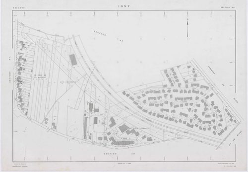 IGNY, plans minutes de conservation : tableau d'assemblage,1962, Ech. 1/5000 ; plans des sections AB, AC, AD, AE, AH, AI, AK, AL, 1962, Ech. 1/1000, section AM, 1962, Ech. 1/2000, sections AN, 1985, Ech. 1/1000, section AO, 2002, Ech. 1/500. Polyester. N 