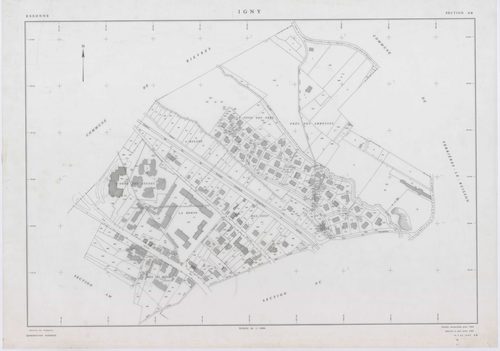 IGNY, plans minutes de conservation : tableau d'assemblage,1962, Ech. 1/5000 ; plans des sections AB, AC, AD, AE, AH, AI, AK, AL, 1962, Ech. 1/1000, section AM, 1962, Ech. 1/2000, sections AN, 1985, Ech. 1/1000, section AO, 2002, Ech. 1/500. Polyester. N 