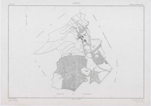 IGNY, plans minutes de conservation : tableau d'assemblage,1962, Ech. 1/5000 ; plans des sections AB, AC, AD, AE, AH, AI, AK, AL, 1962, Ech. 1/1000, section AM, 1962, Ech. 1/2000, sections AN, 1985, Ech. 1/1000, section AO, 2002, Ech. 1/500. Polyester. N 